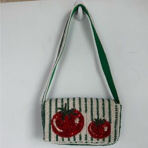 Beaded Tomato Striped Shoulder Handbag 4.5”H x 8”W